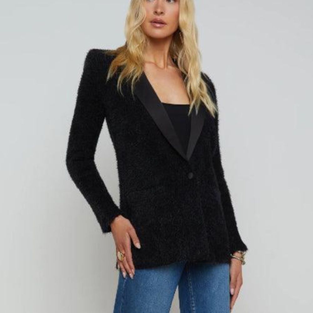 NEW L’Agence Baileigh Satin Lapel Fuzzy Knit Cardigan Black Size Medium